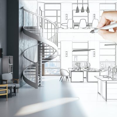 Hand drawing coworking office interior with stairs and computer on desktop and city view. Workplace and company concept.