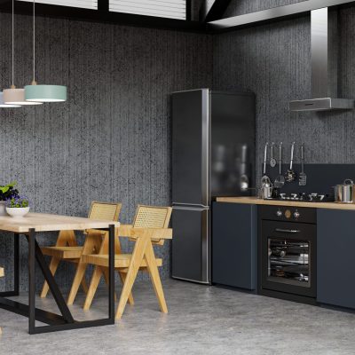 Interior of spacious kitchen with concrete wall.